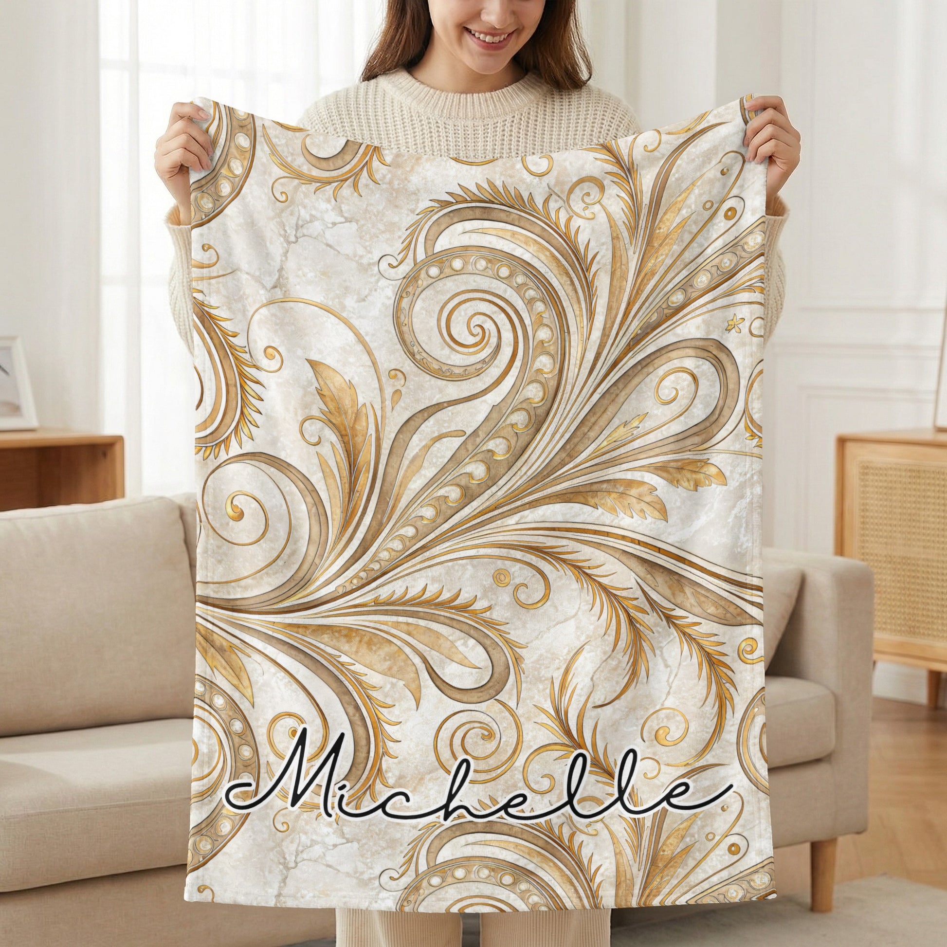 Personalized Gold and White Floral Blanket with Name