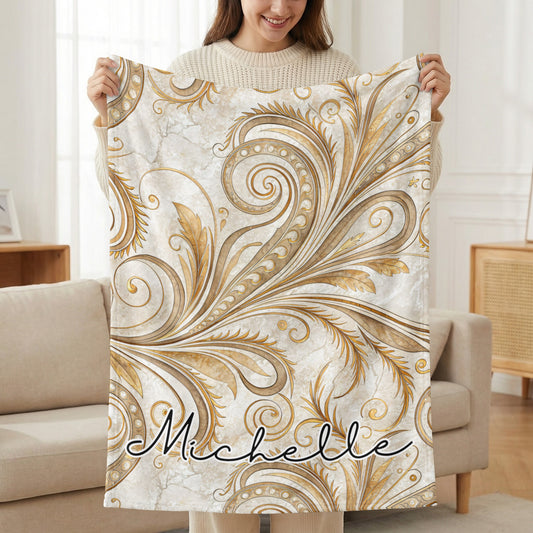Personalized Gold and White Floral Blanket with Name