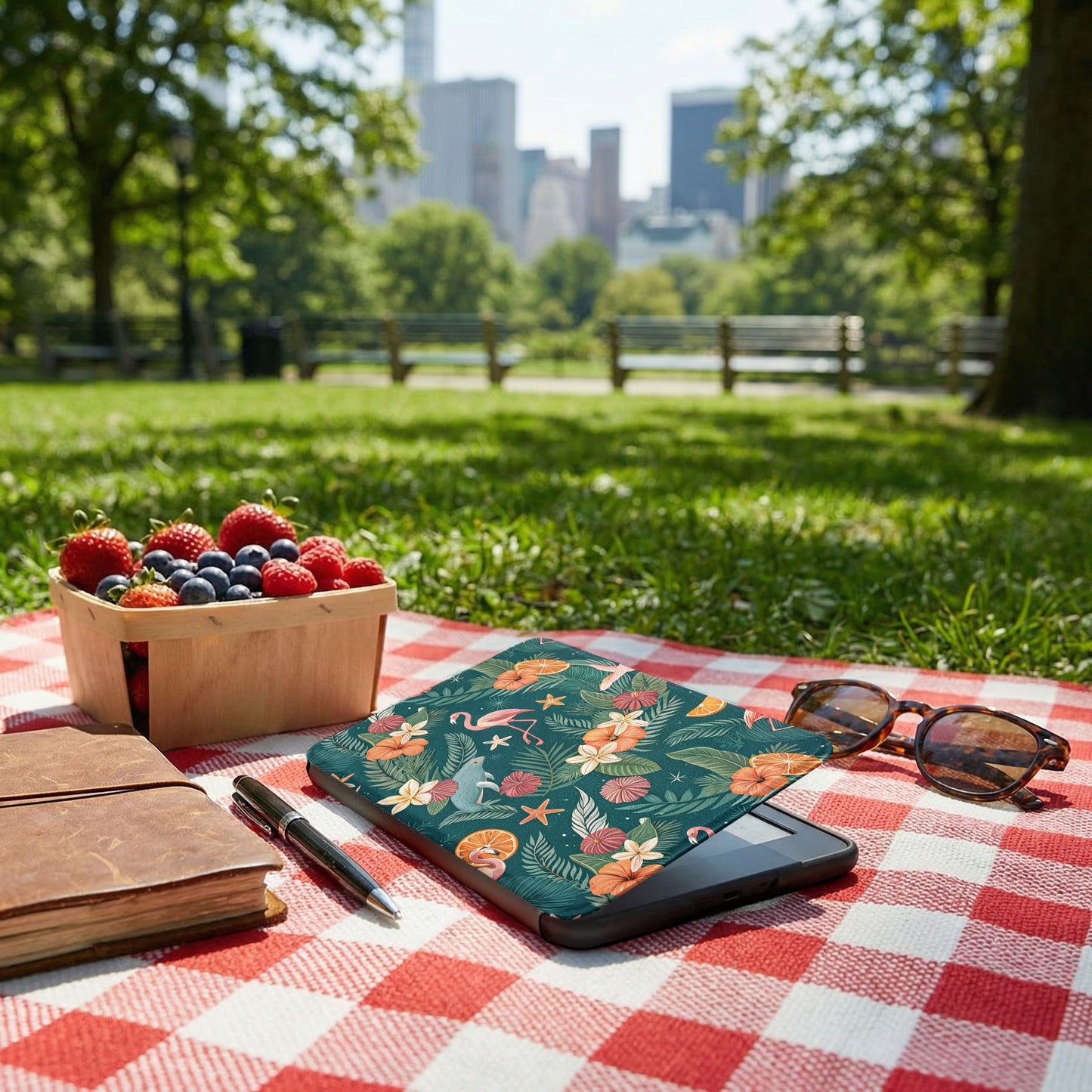 Floral and Flamingo Design with Leaves Tablet Case