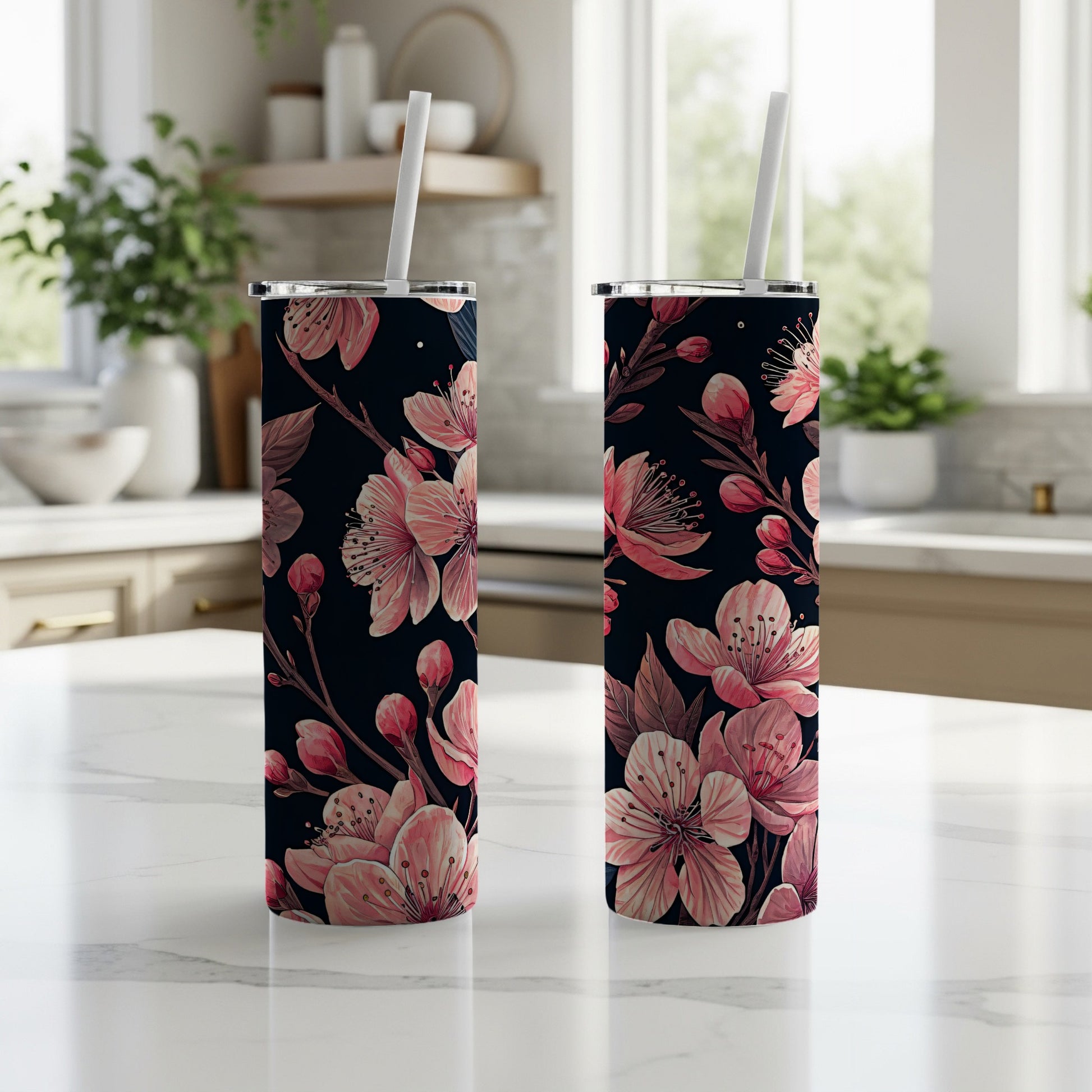 Elegant Floral Design Insulated Tumbler Cup with Straw