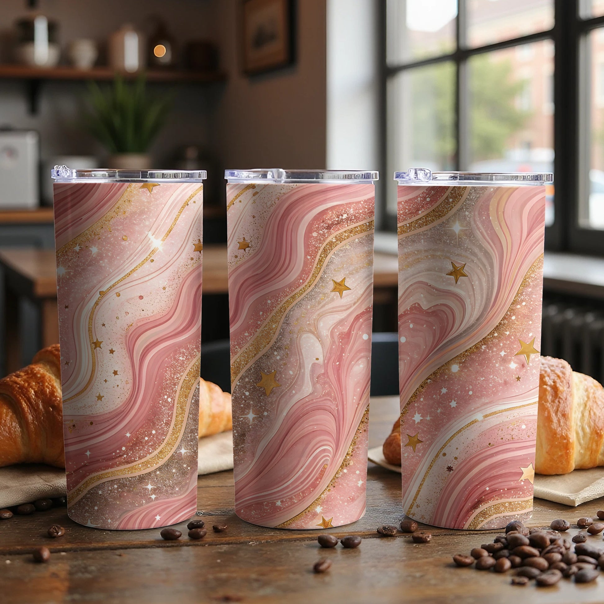 Pink and Gold Stars Marble Pattern Tumbler Cup