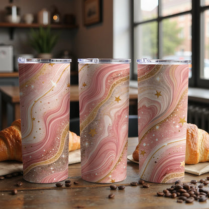 Pink and Gold Stars Marble Pattern Tumbler Cup
