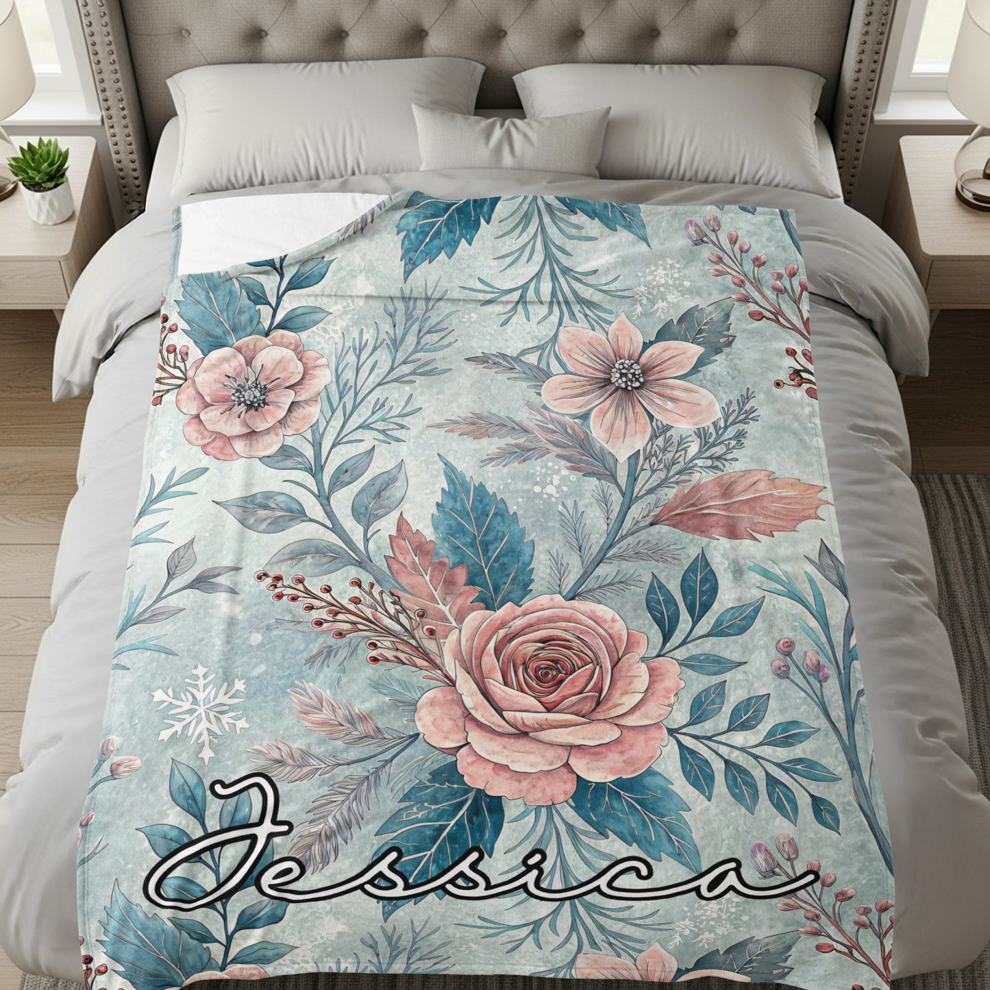 Personalized Floral Design Blanket with Name 'Jessica'
