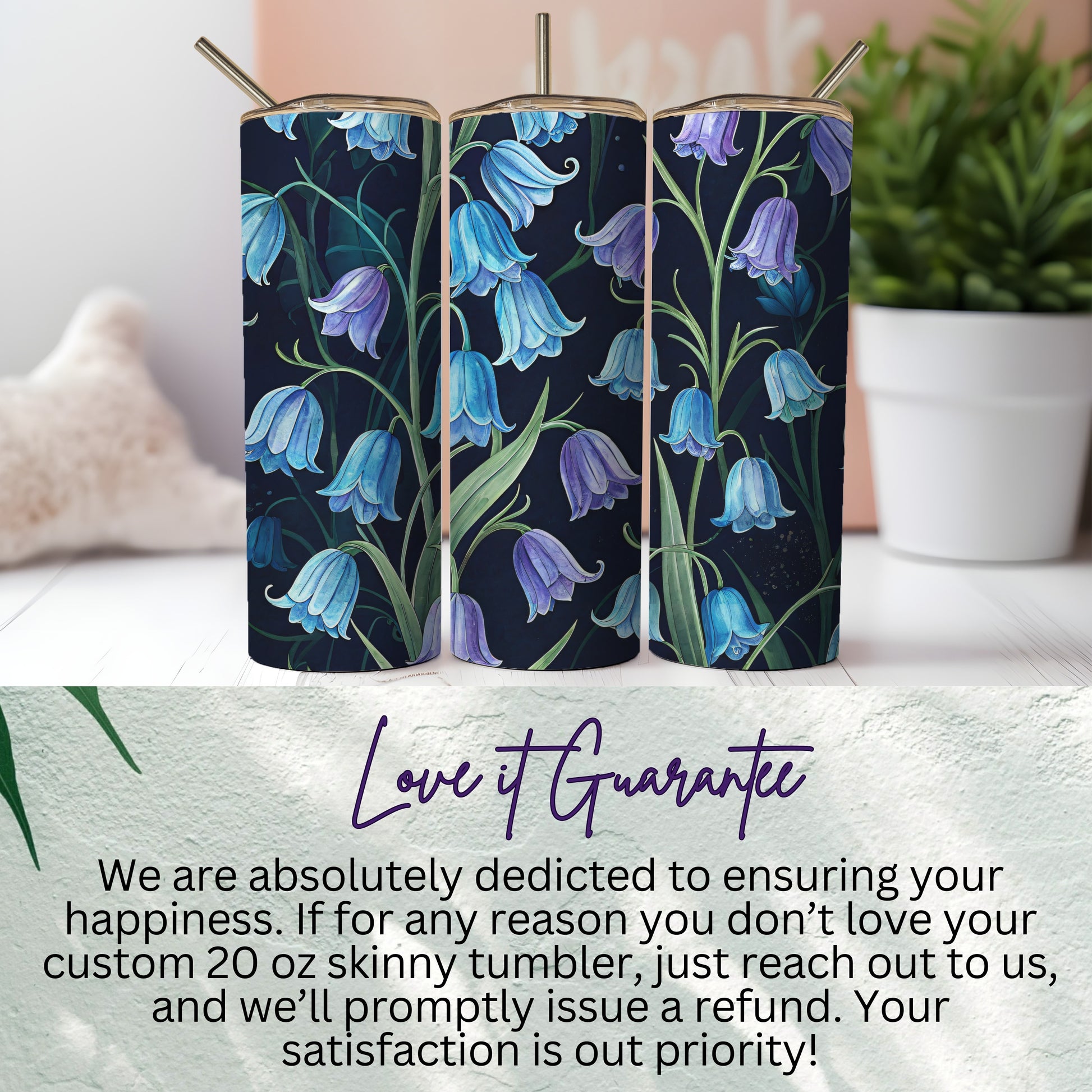 Custom 20 oz Skinny Tumbler with Bluebell Flowers Design
