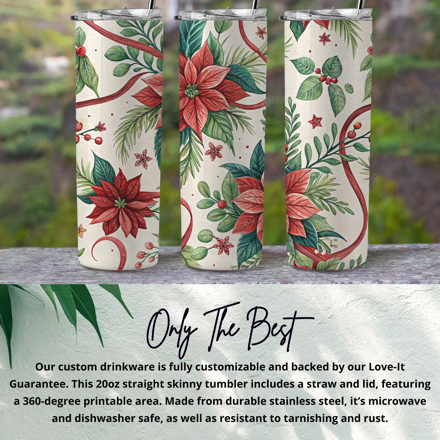 Festive Floral Skinny Tumbler with Straw and Lid