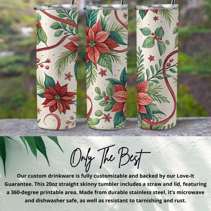 Festive Floral Skinny Tumbler with Straw and Lid