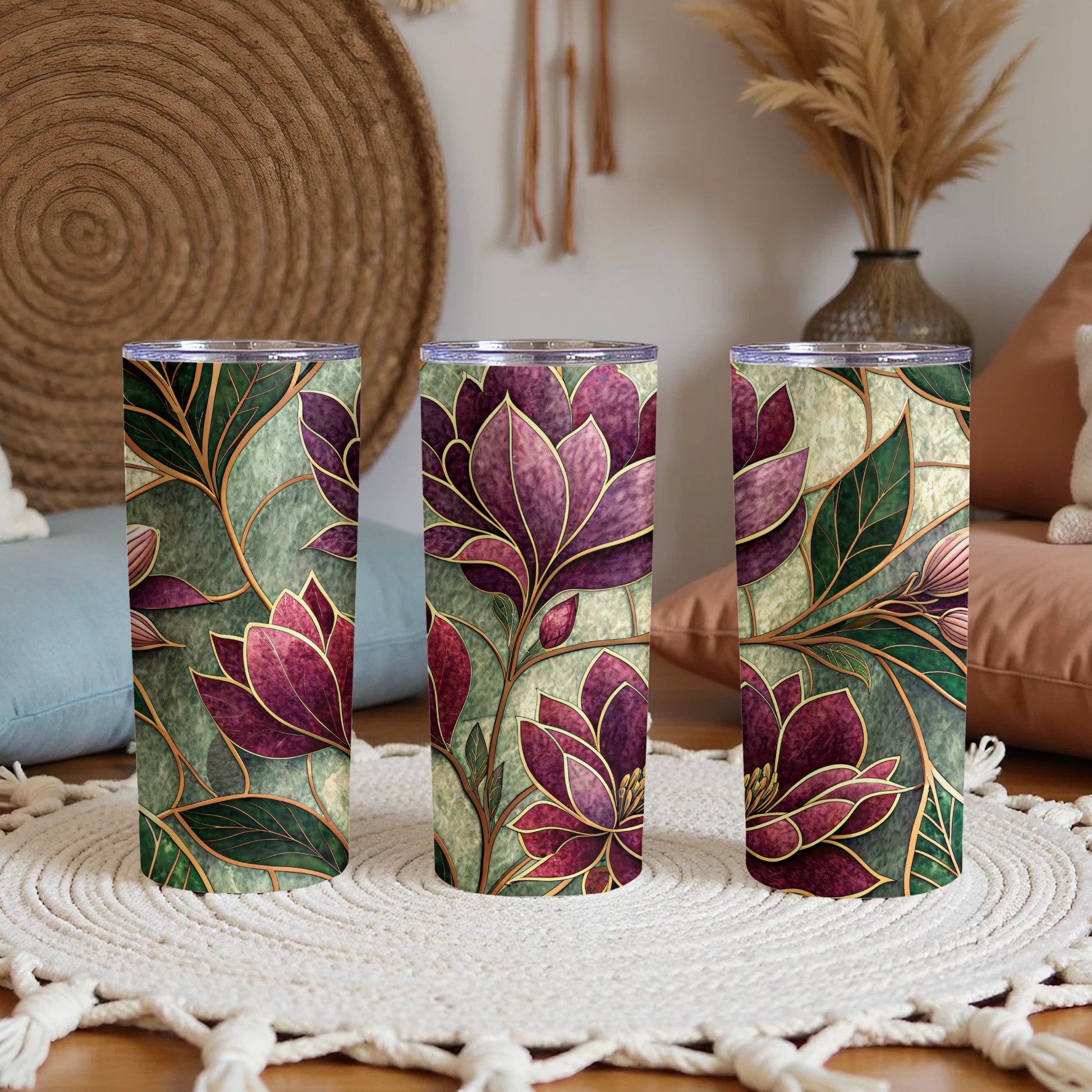 Magnolia Flowers in Watercolor Style Green Backdrop 20 oz Skinny Tumbler - Walk Greener