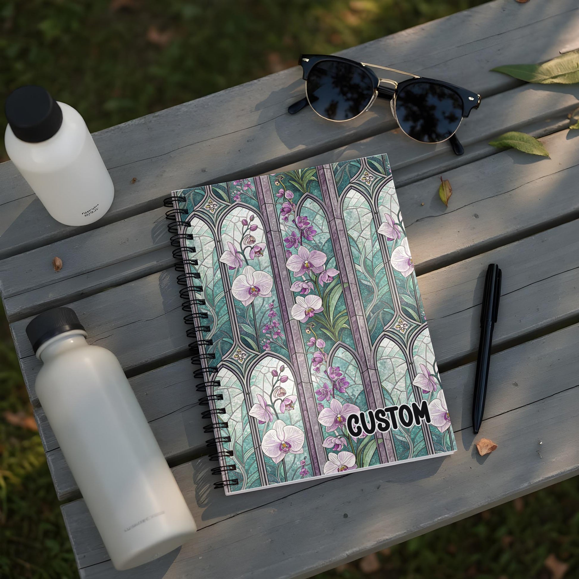 Custom Floral Stained Glass Design Spiral Notebook