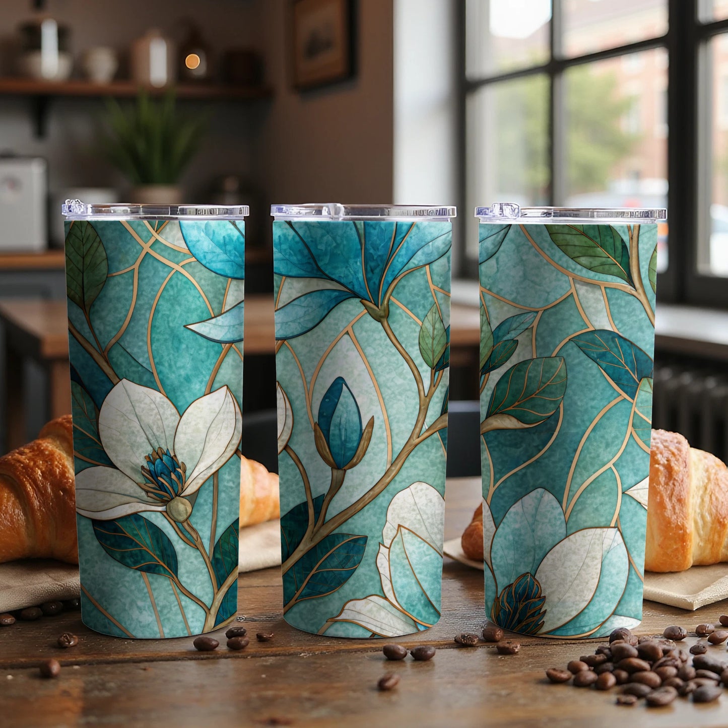 Blue And White Floral Arrangement Golden Lines 20 oz Skinny Tumbler - Walk Greener