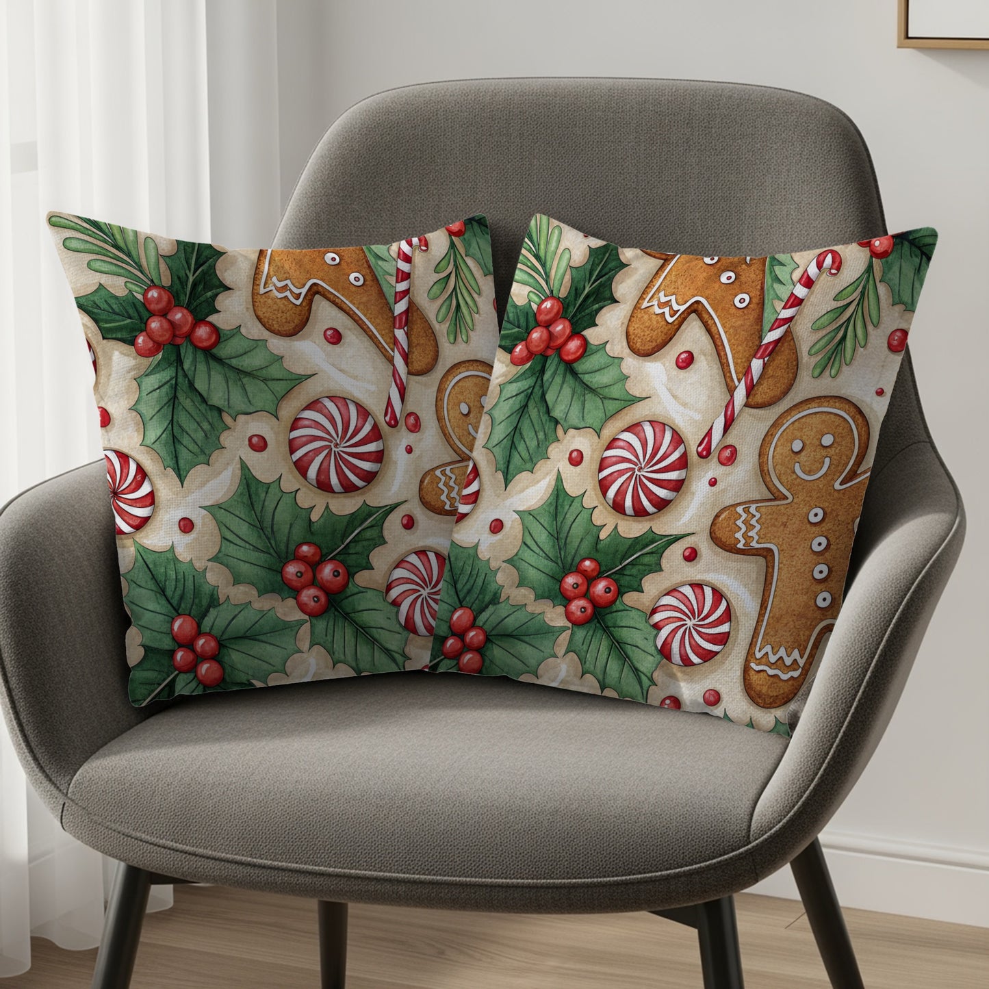 Gingerbread Man and Candy Holiday Themed Pattern Throw Pillows - Walk Greener