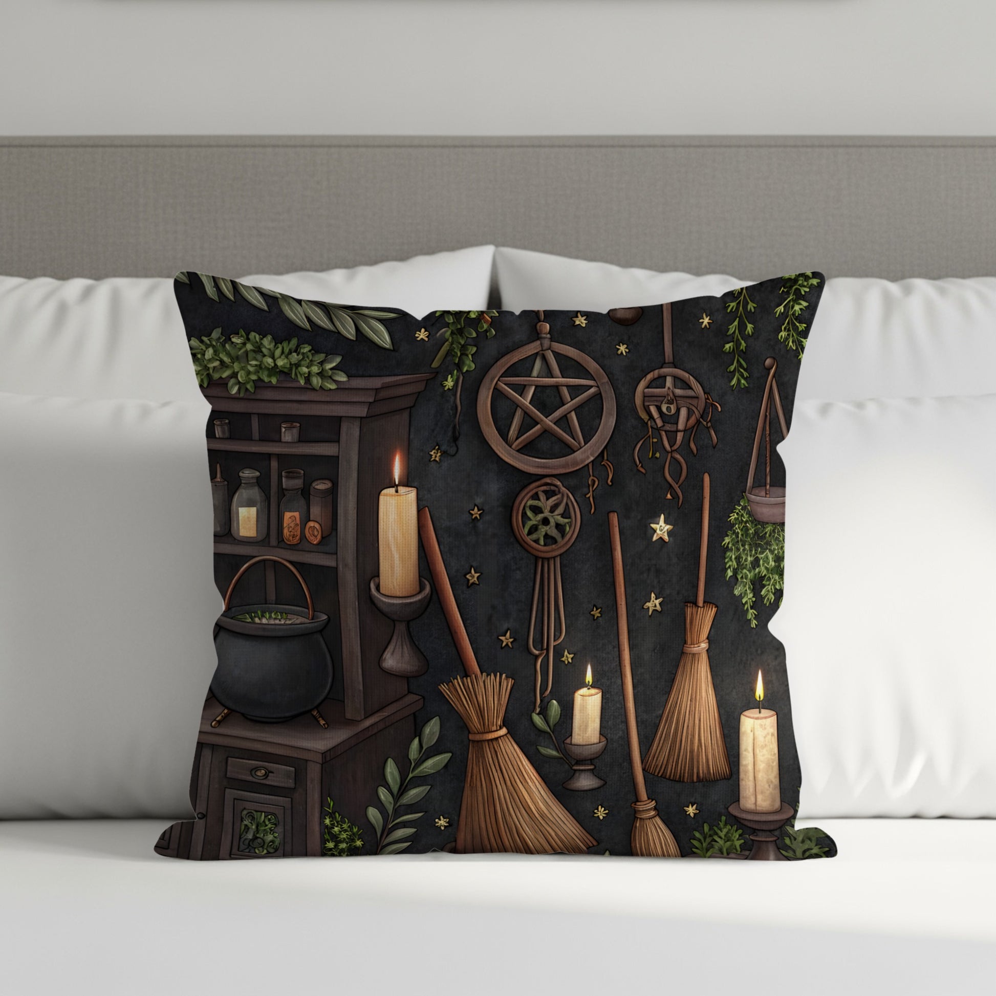 Witchcraft Broomsticks Candles and Herbs Design Pillow