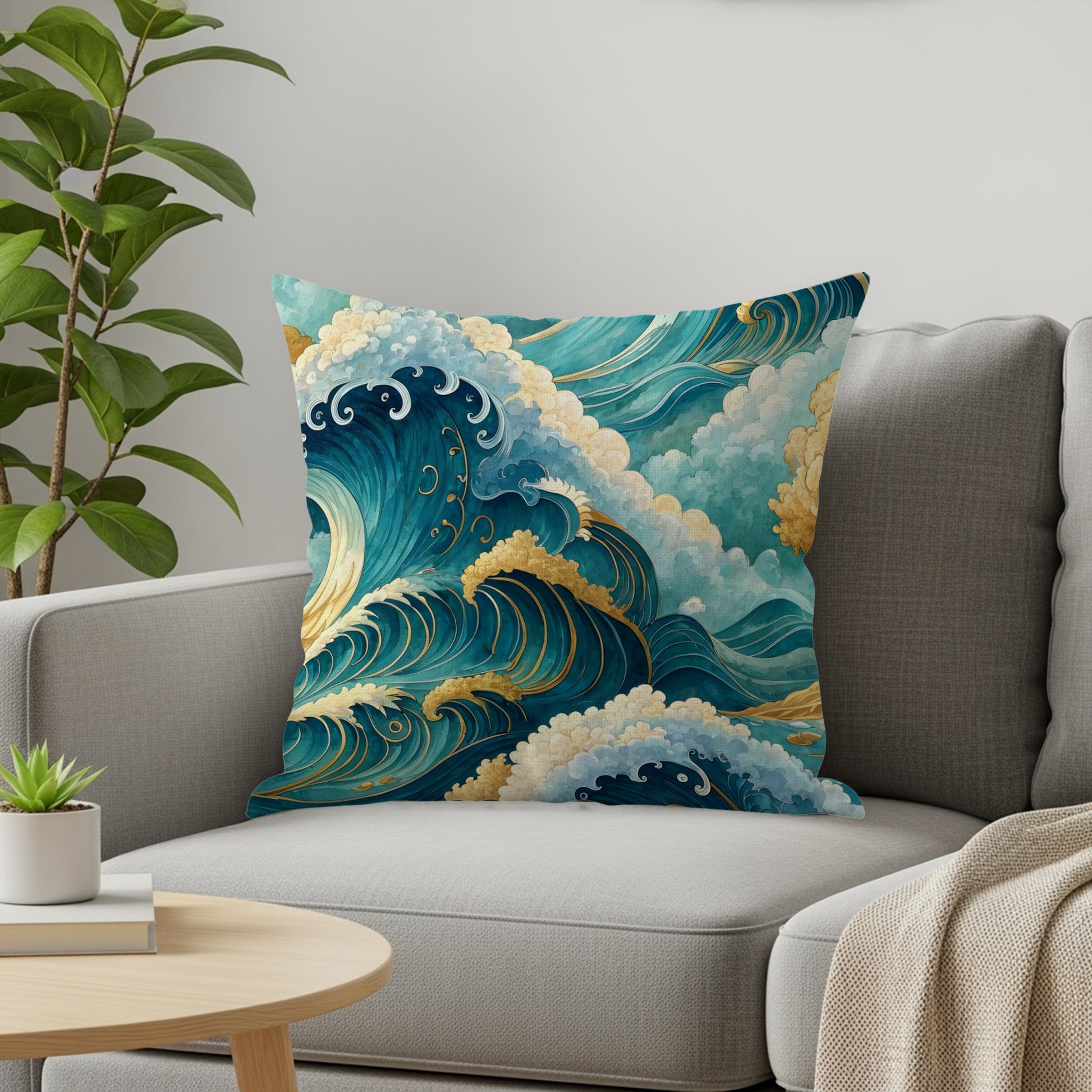 Japanese Inspired Artistic Ocean Waves Design Throw Pillows - Walk Greener