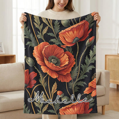 Floral Pattern Red and Green with Custom Name Blanket - Walk Greener