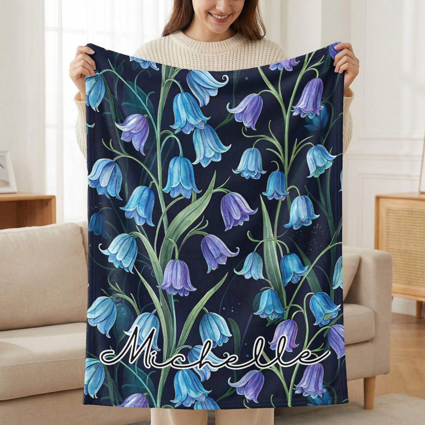 Personalized Bluebell Flower Design Throw Blanket