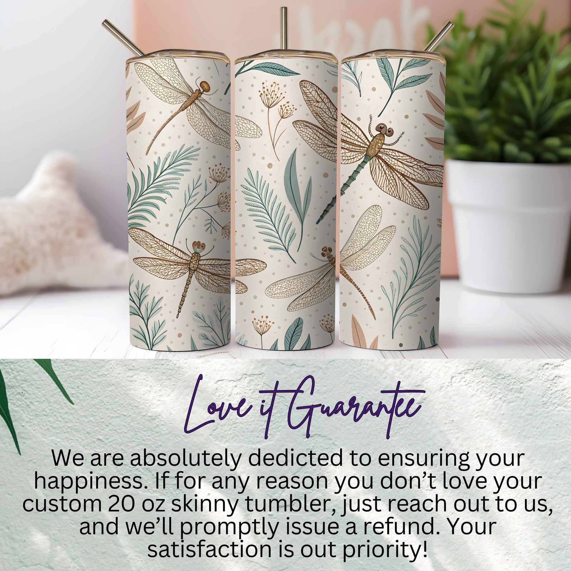 Custom 20 oz Skinny Tumbler with Dragonfly Design
