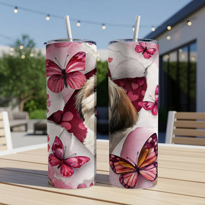 Cute Dog and Pink Butterflies Design Tumbler
