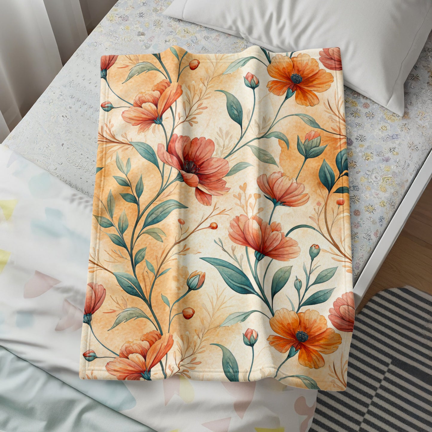 Elegant Orange Flowers Buds With Green Leaves Pattern - Walk Greener