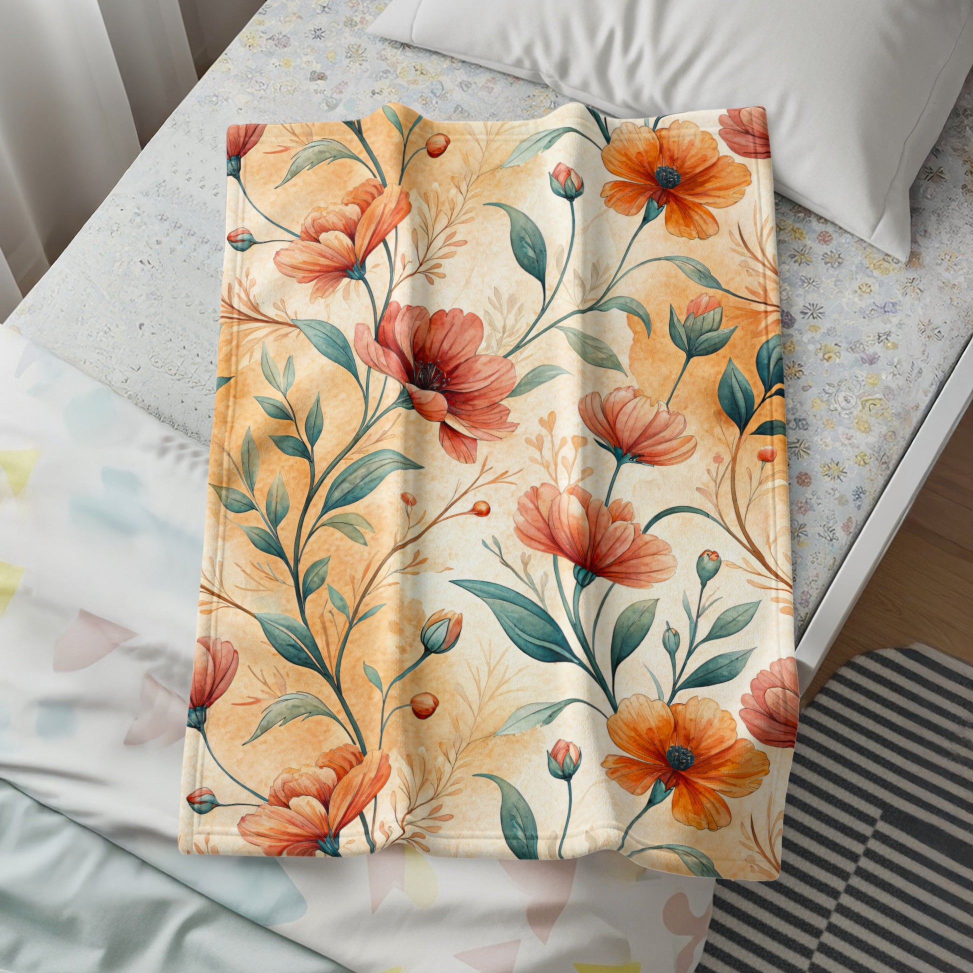 Elegant Orange Flowers Buds With Green Leaves Pattern - Walk Greener