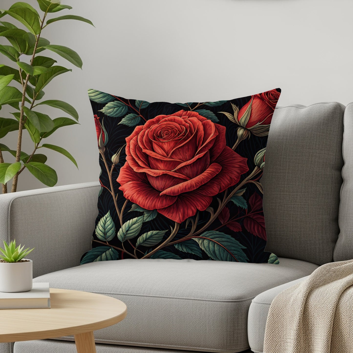 Crimson Roses Floral Arrangement Decorative Floral Throw Pillows - Walk Greener
