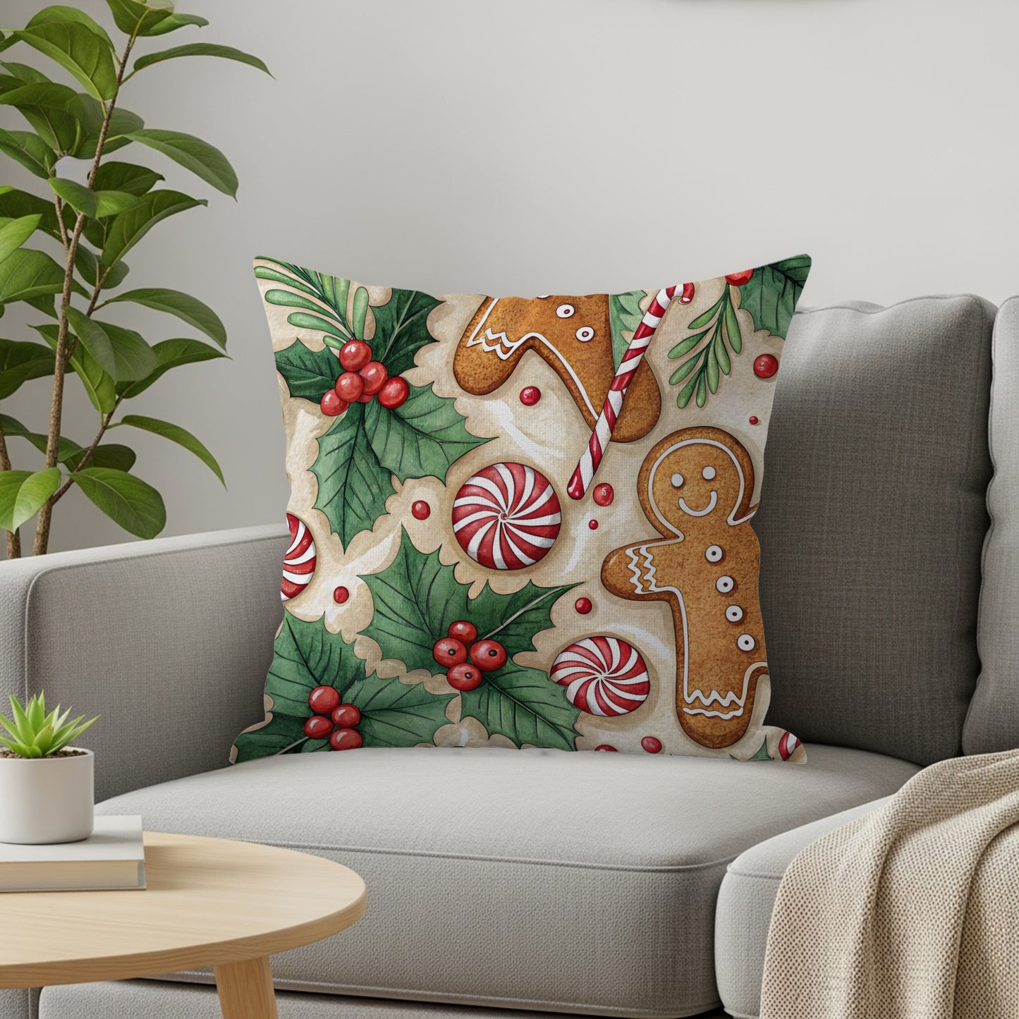 Gingerbread Man and Candy Holiday Themed Pattern Throw Pillows - Walk Greener