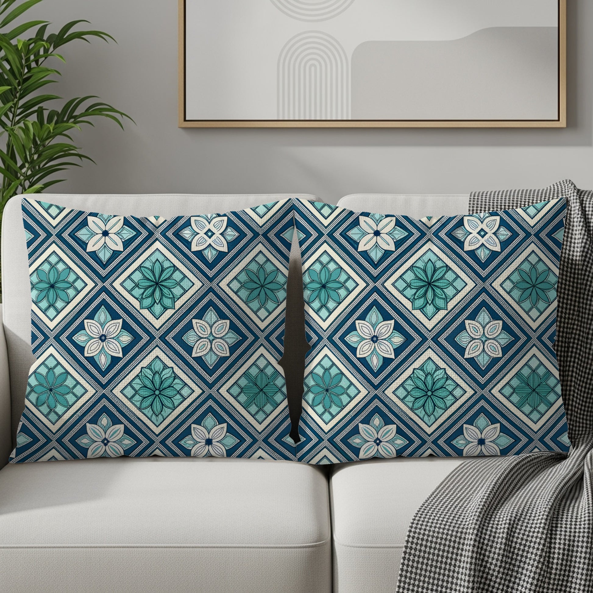 Geometric Blue and Green Floral Pattern Pillowcases