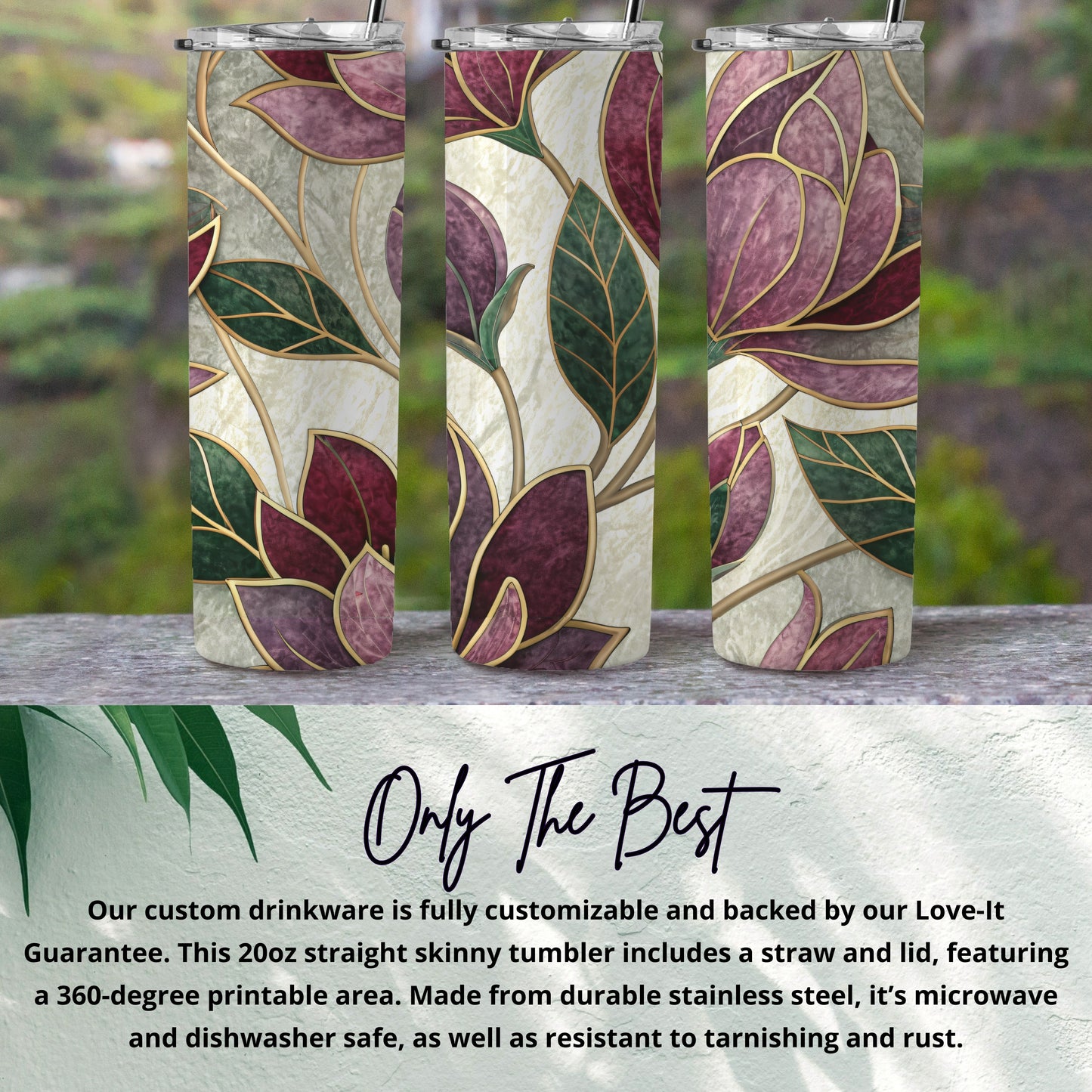 Floral Design with Elegant Golden Outlines 20 oz Skinny Tumbler - Walk Greener