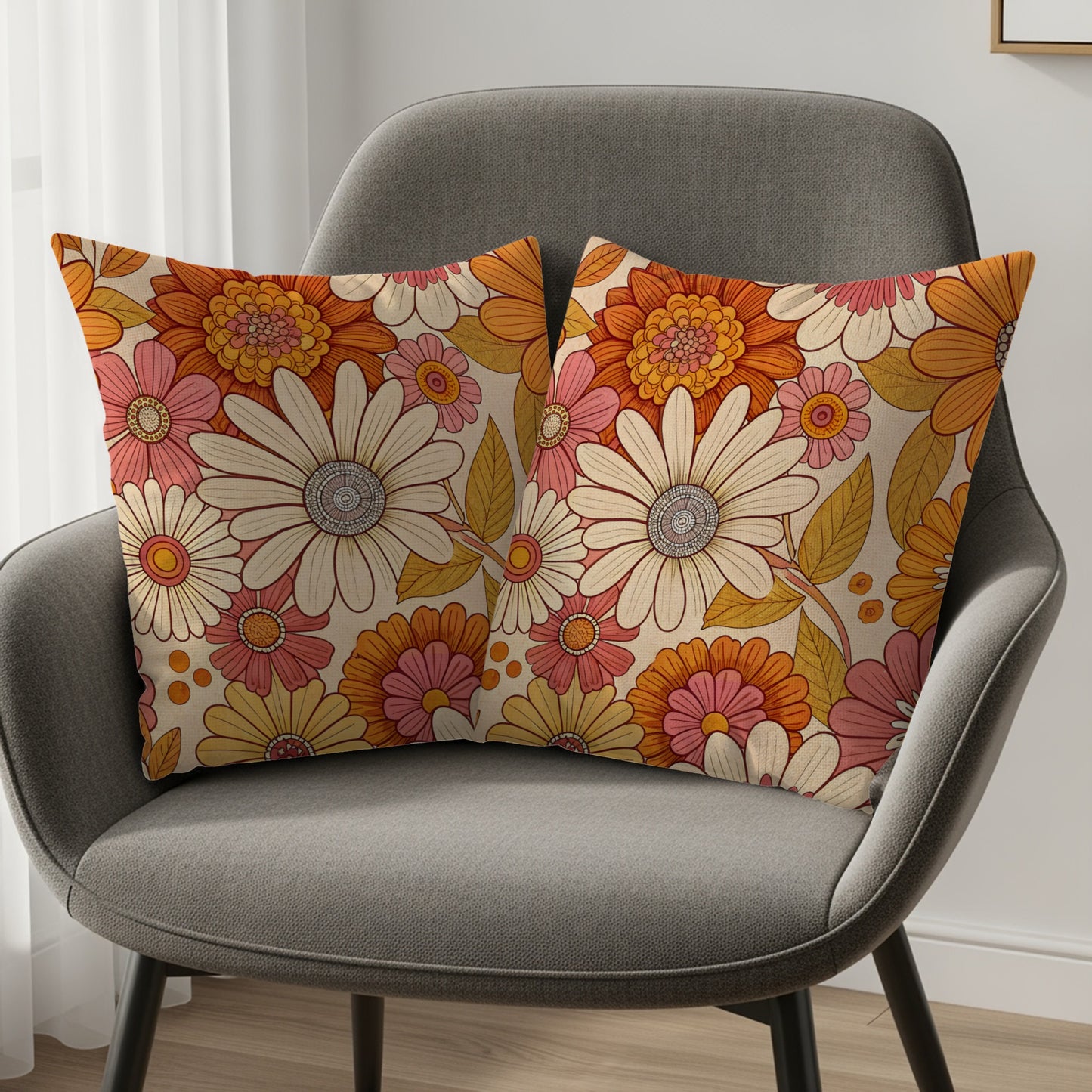 Groovy Floral Pattern in Retro Colors Design Throw Pillows - Walk Greener