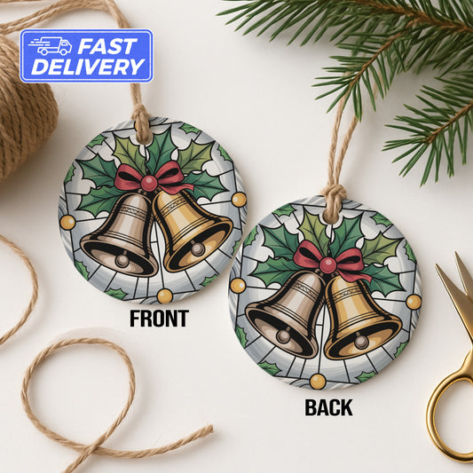 Festive Bells with Holly Round Ornament product