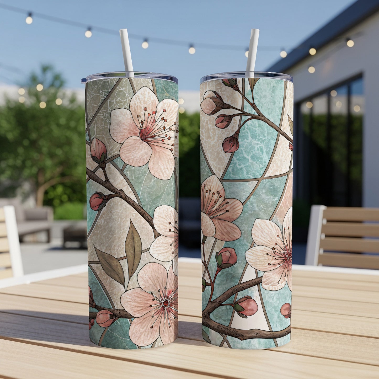 Stained Glass Cherry Blossoms Art Design 20 oz Skinny Tumbler - Walk Greener