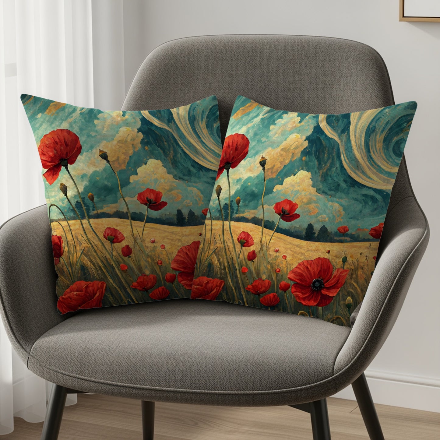 Vibrant Poppy Field and Sky Scene Cushion Covers