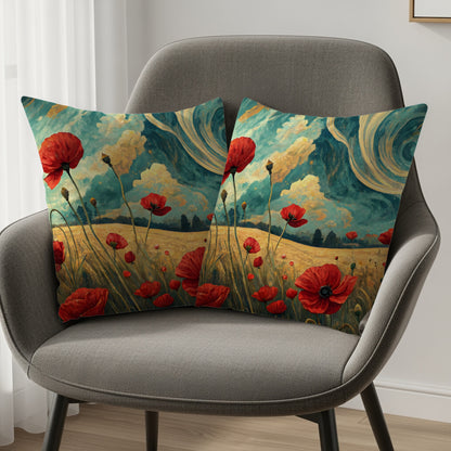 Vibrant Poppy Field and Sky Scene Cushion Covers
