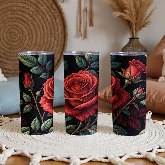 Elegant Red Rose Floral Design Travel Tumbler Set