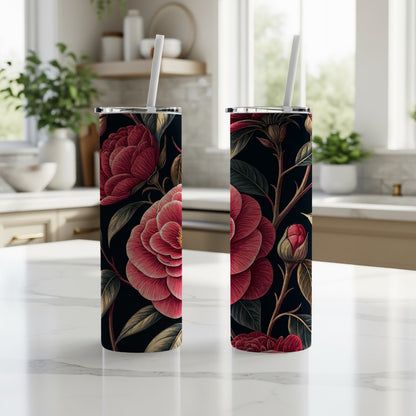 Elegant Floral Design Travel Mug with Straw Tumbler