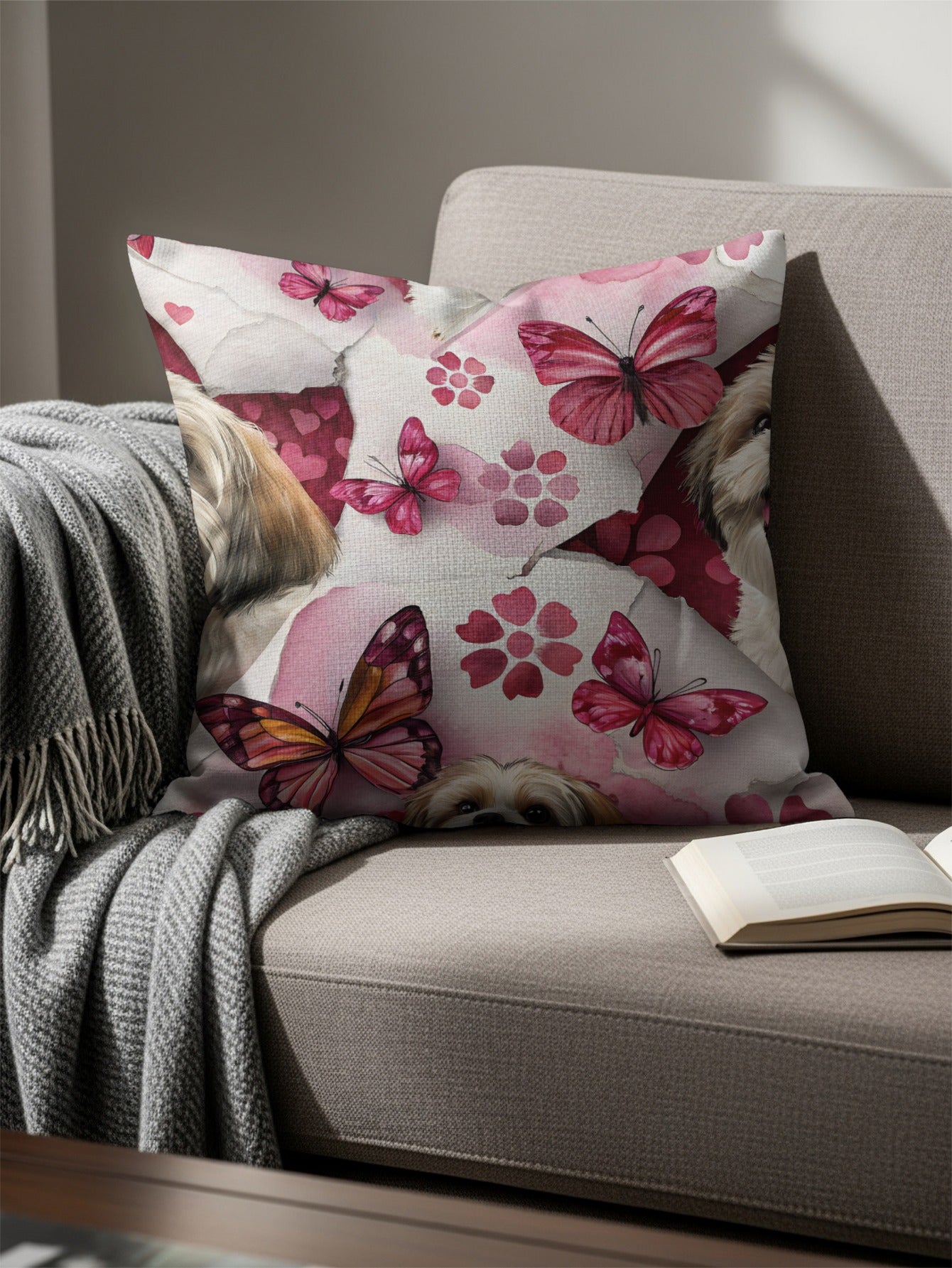 Dog with Butterflies on Pink Floral Background Throw Pillows - Walk Greener