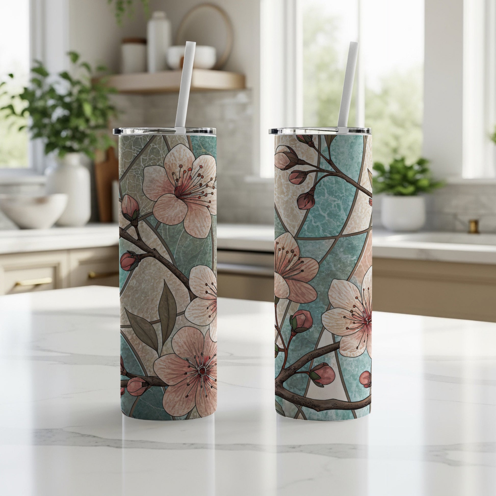 Stained Glass Cherry Blossoms Art Design 20 oz Skinny Tumbler - Walk Greener