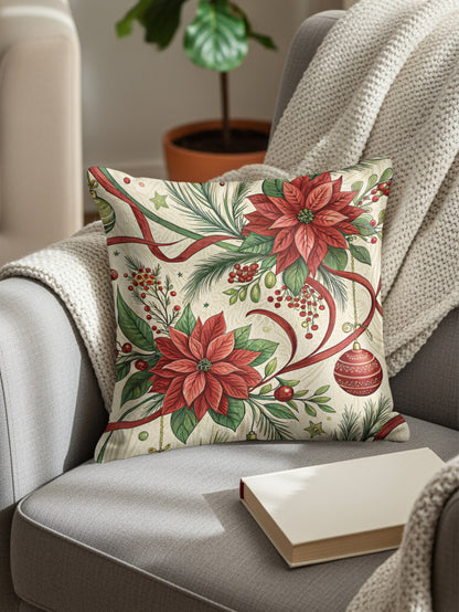 Festive Poinsettia and Ornaments Decorative Pillow