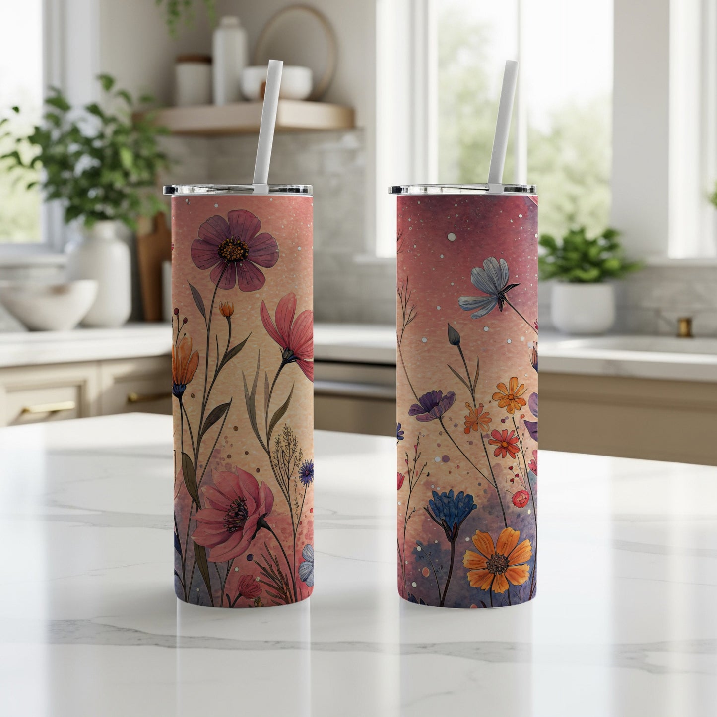 Floral Watercolor on Pink and Beige Background 20 oz Skinny Tumbler - Walk Greener