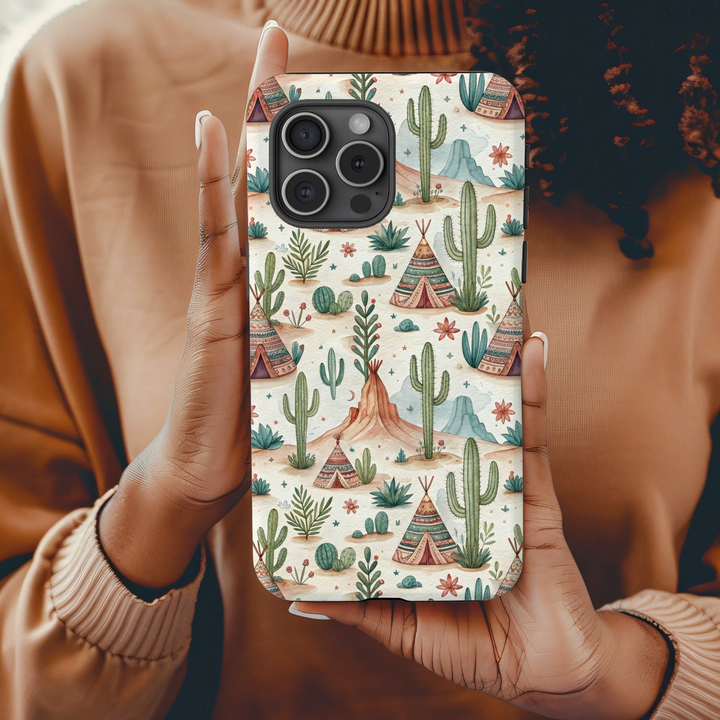Watercolor Desert Landscape with Tipi Pattern Custom Phone Case - Walk Greener