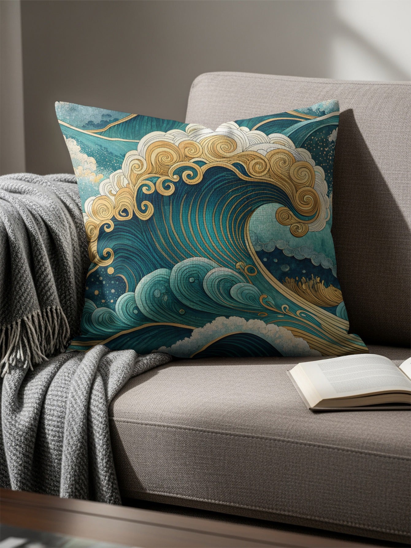 Oceanic Bliss Azure and Gold Waves Pattern Throw Pillows - Walk Greener