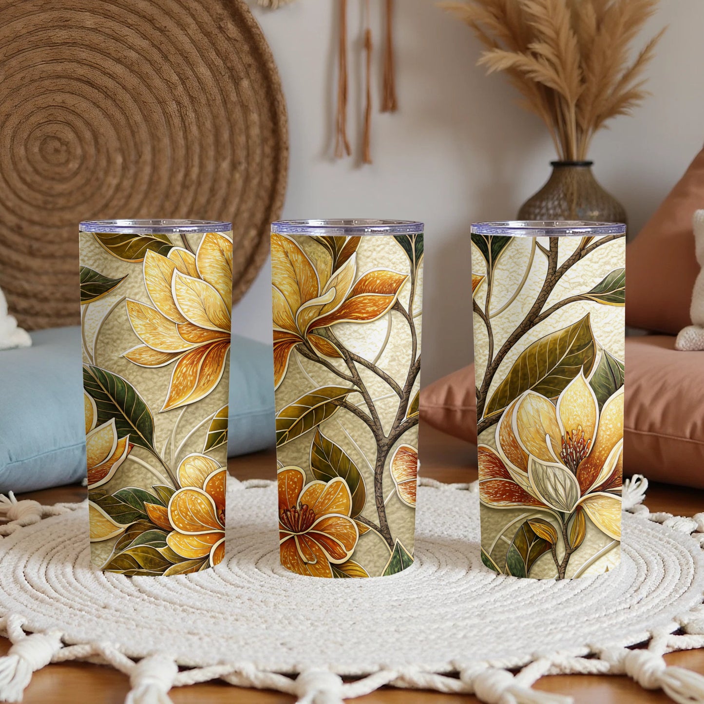 Golden Floral Bloom Delightful Botanical Decor 20 oz Skinny Tumbler - Walk Greener