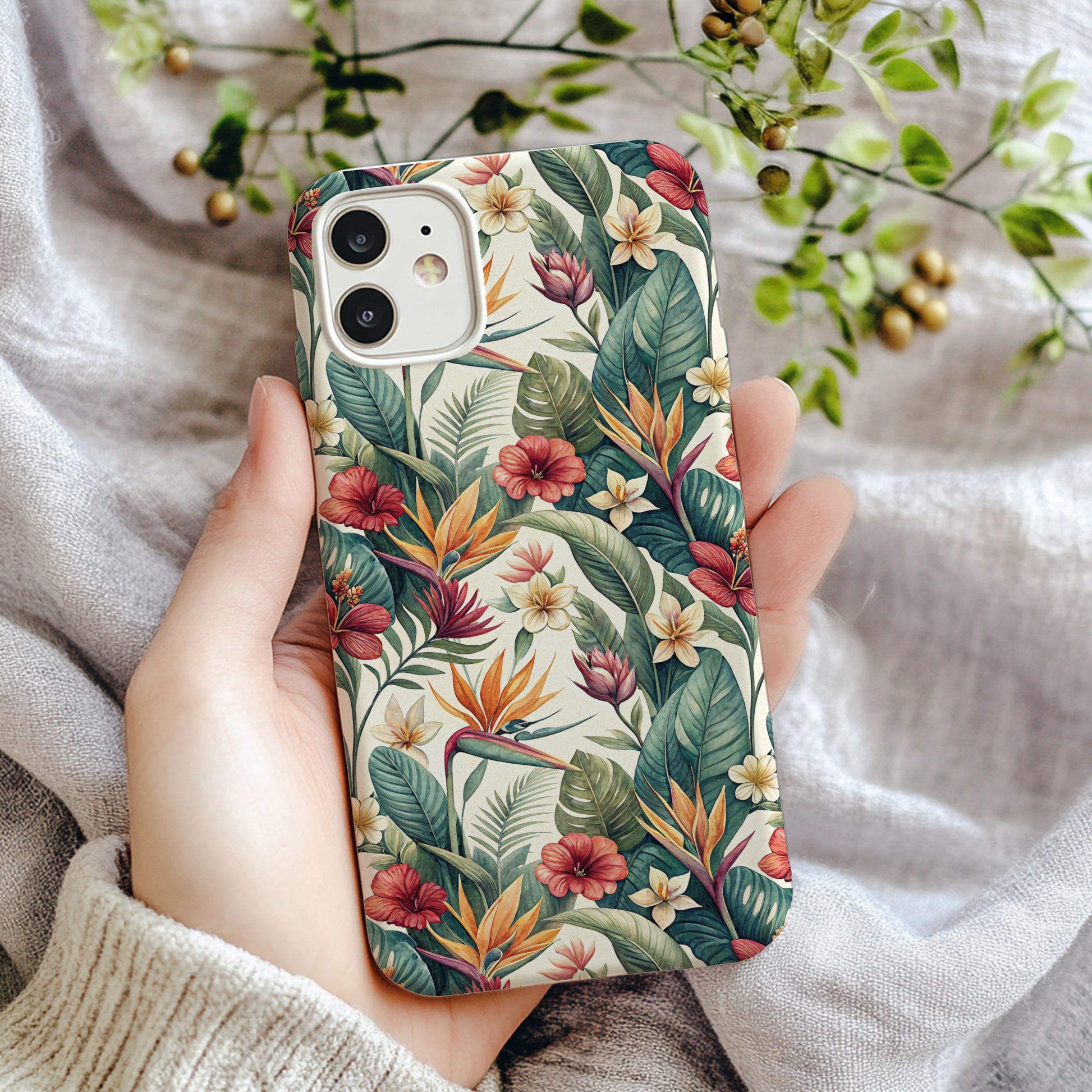 Tropical Floral Phone Case with Vibrant Bird Design