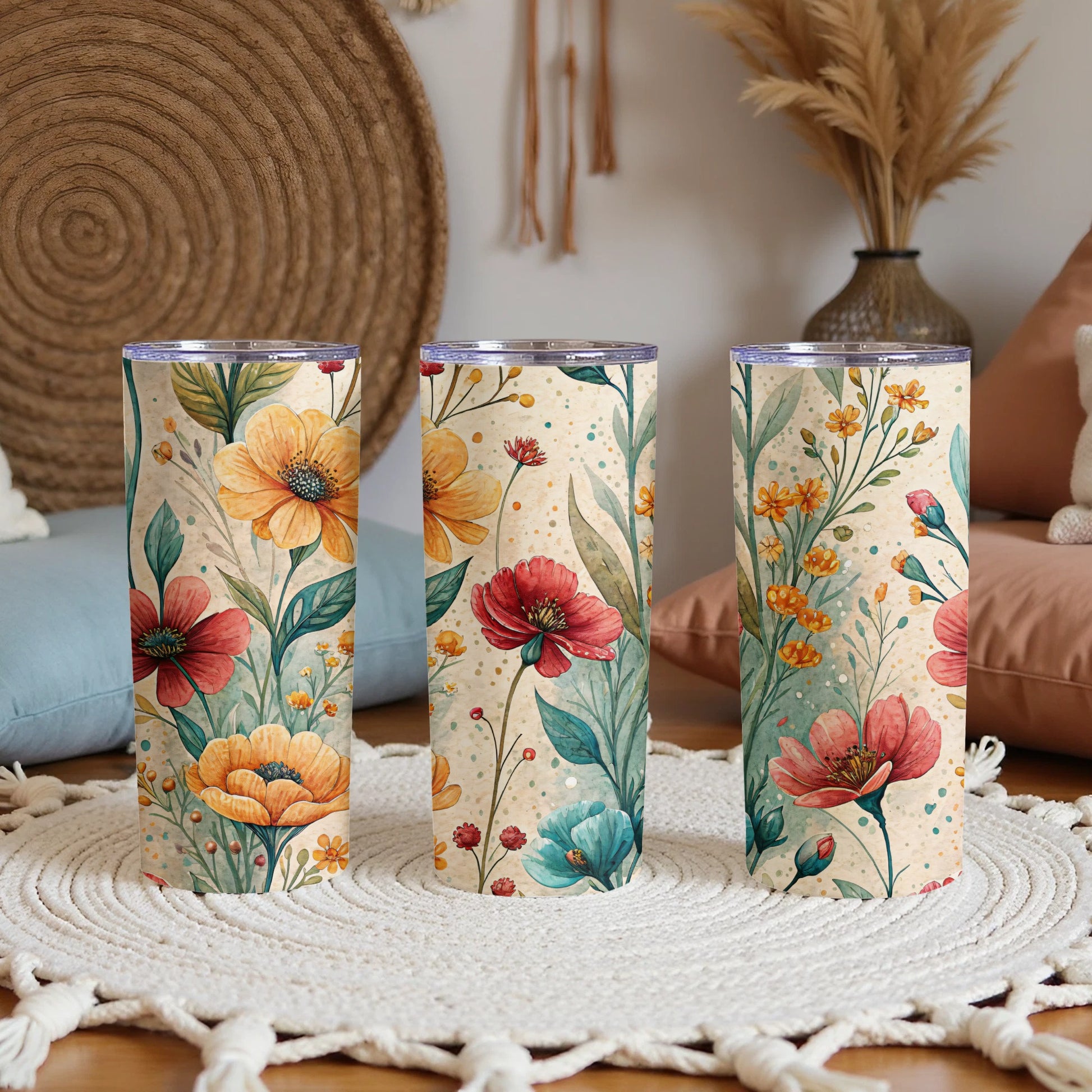Watercolor Flower Bouquet Botanical Illustration for 20 oz Skinny Tumbler - Walk Greener
