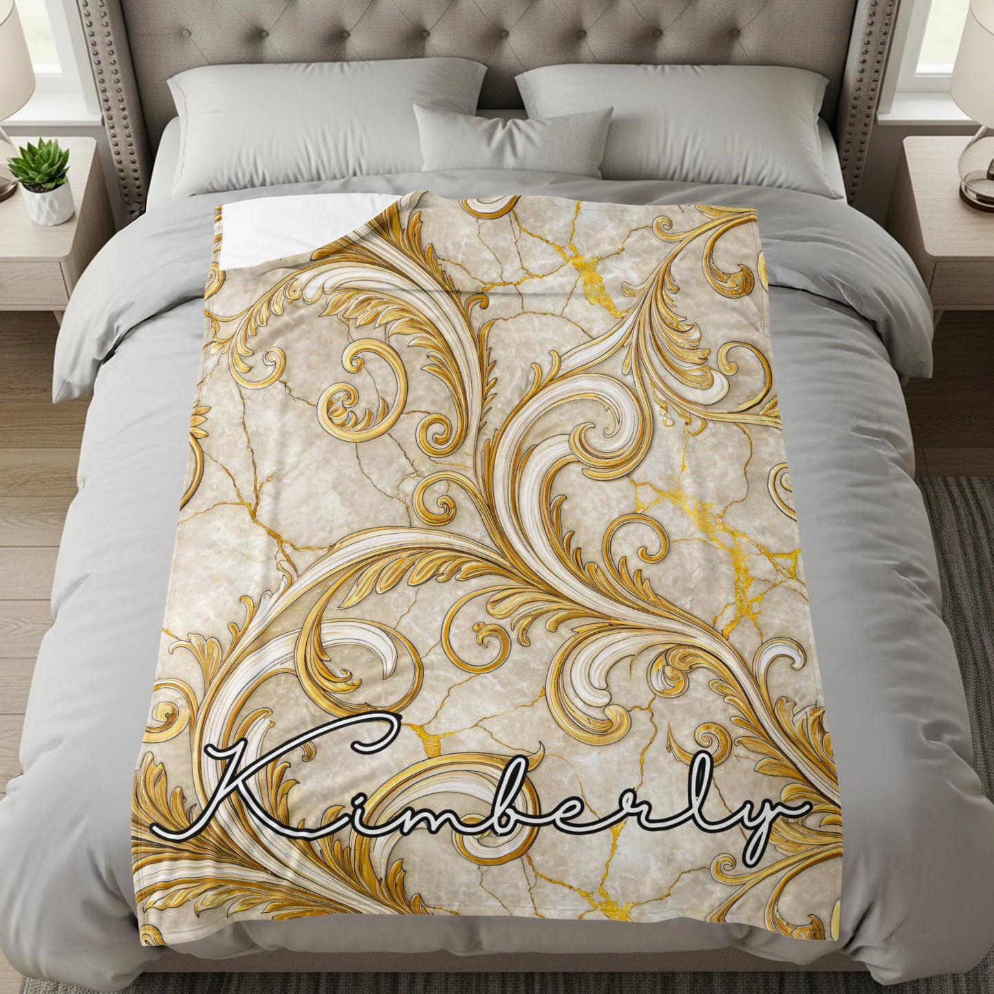 Elegant Gold and White Swirl Decor Personalized Blanket