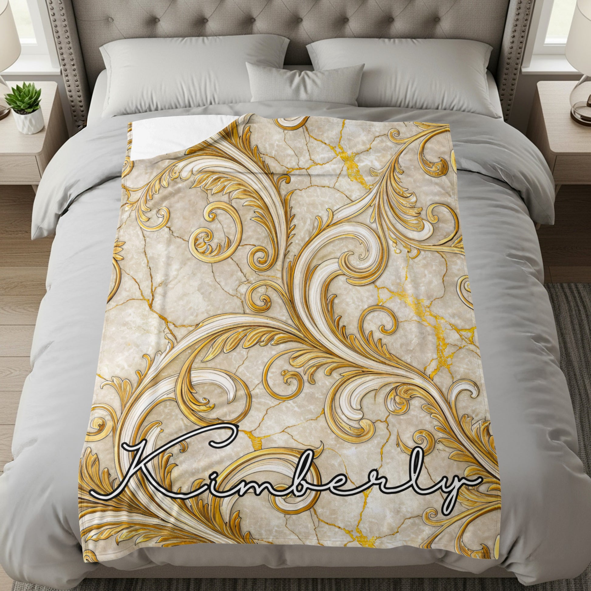 Elegant Gold and White Swirl Decor Personalized Blanket