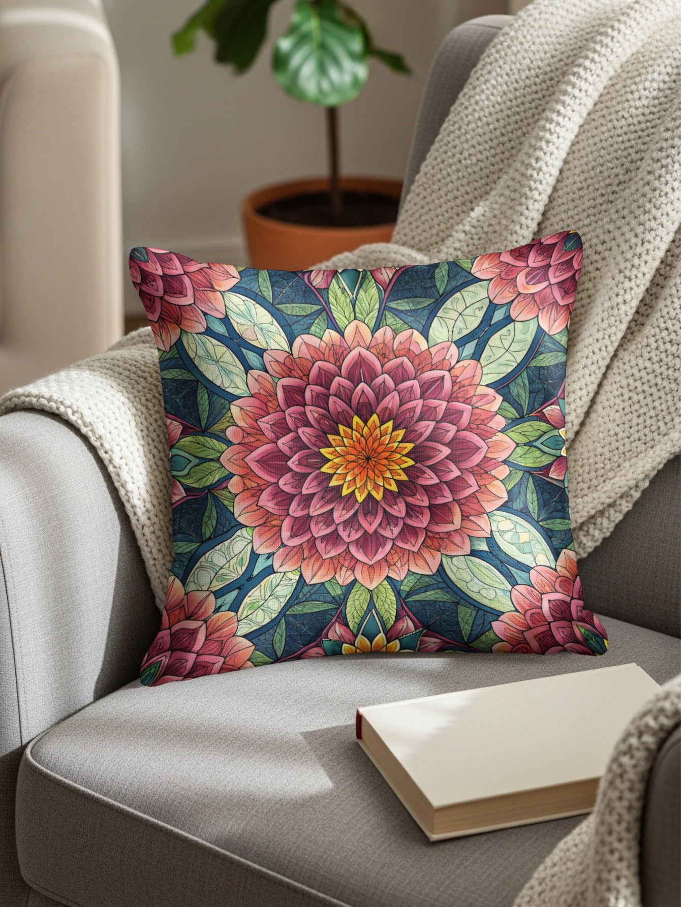 Stained Glass Floral Medallion Repeating Pattern Throw Pillows - Walk Greener