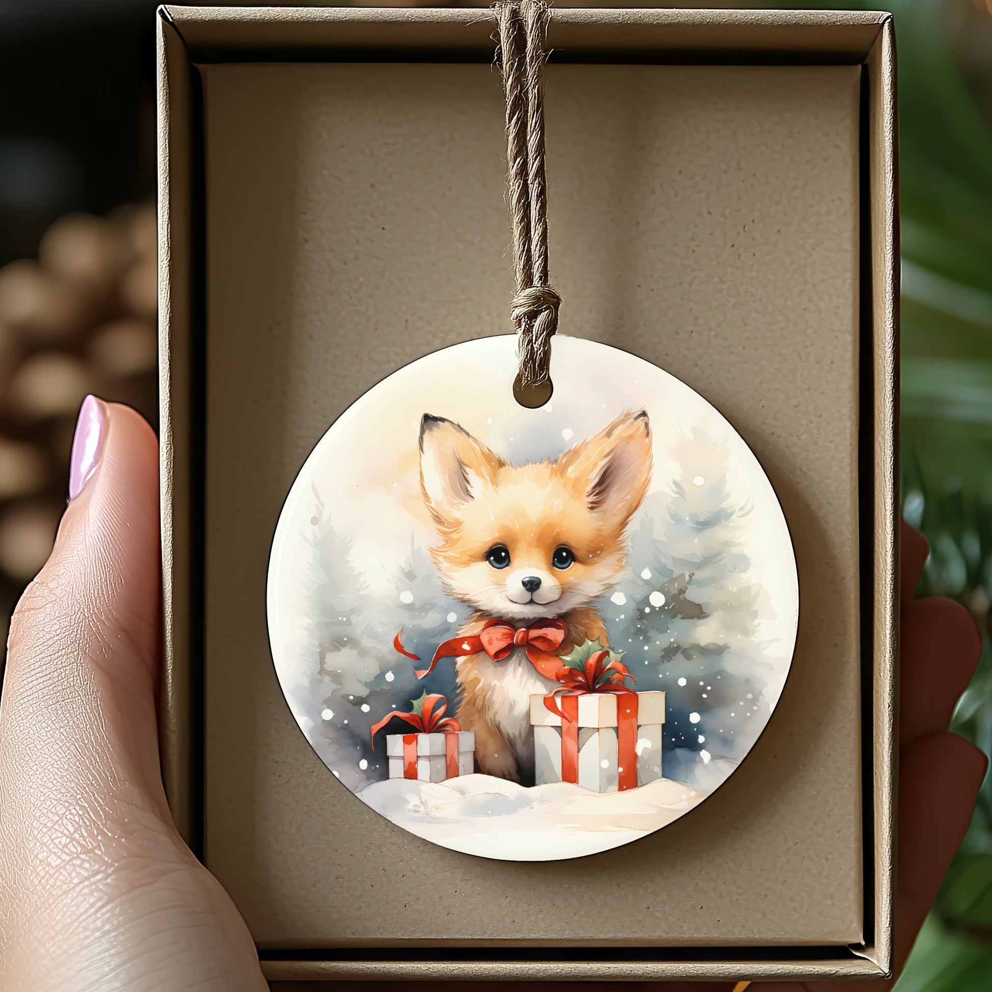 Adorable Fox with Gifts Art Holiday Ornament product