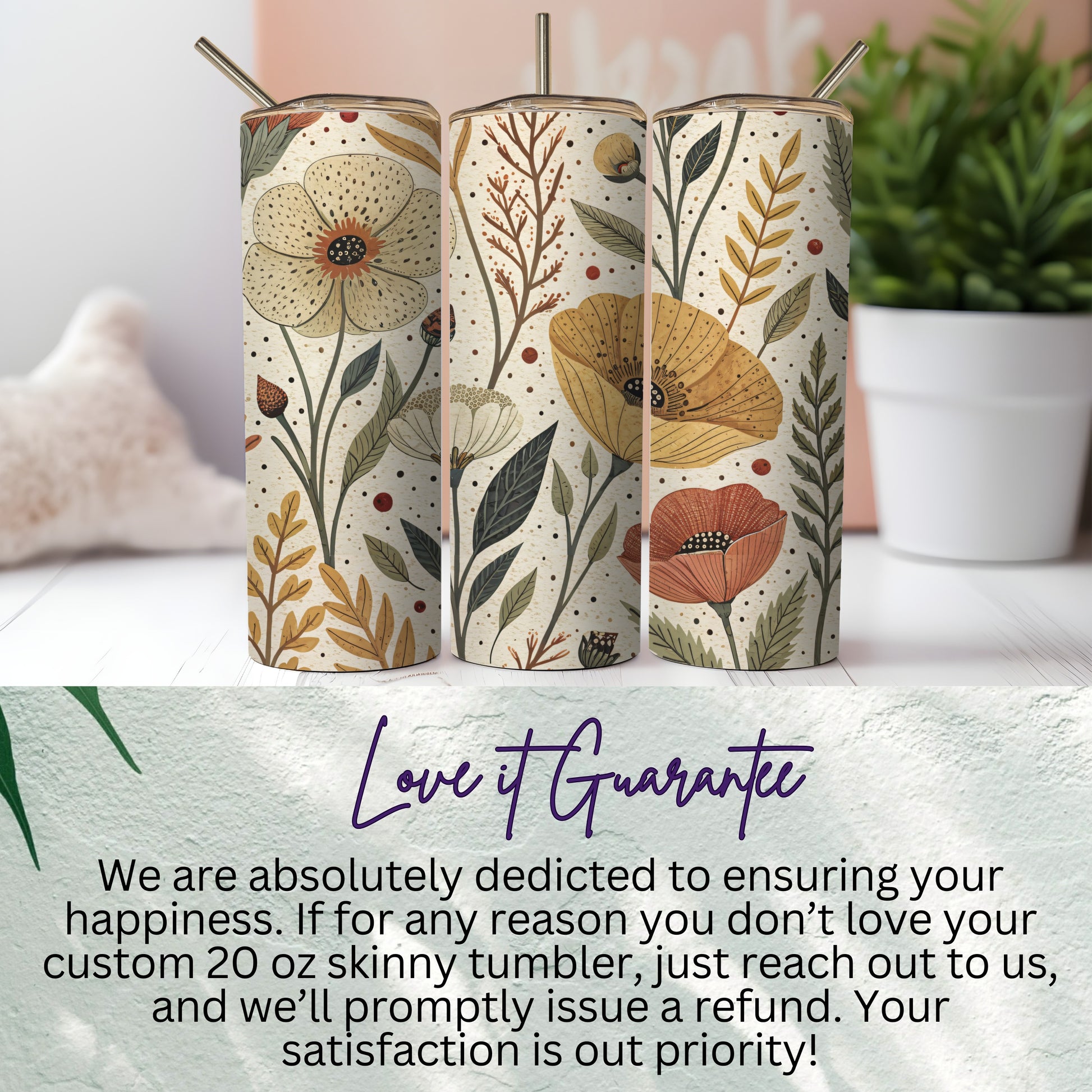 Elegant Floral Pattern with Earthy Tones 20 oz Skinny Tumbler - Walk Greener