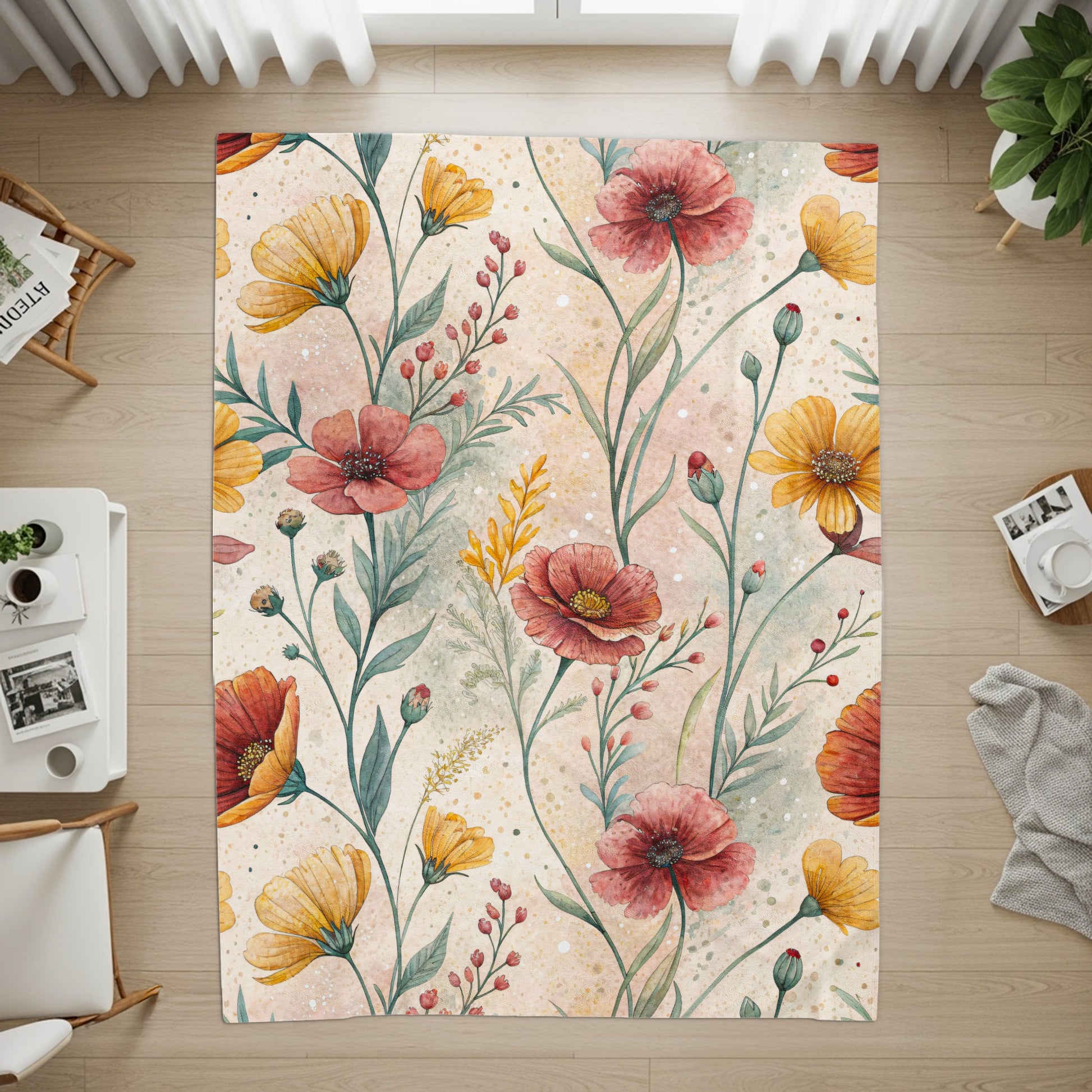 Watercolor Floral Pattern Design Red And Yellow Flowers Velveteen Plush Blankets - Walk Greener