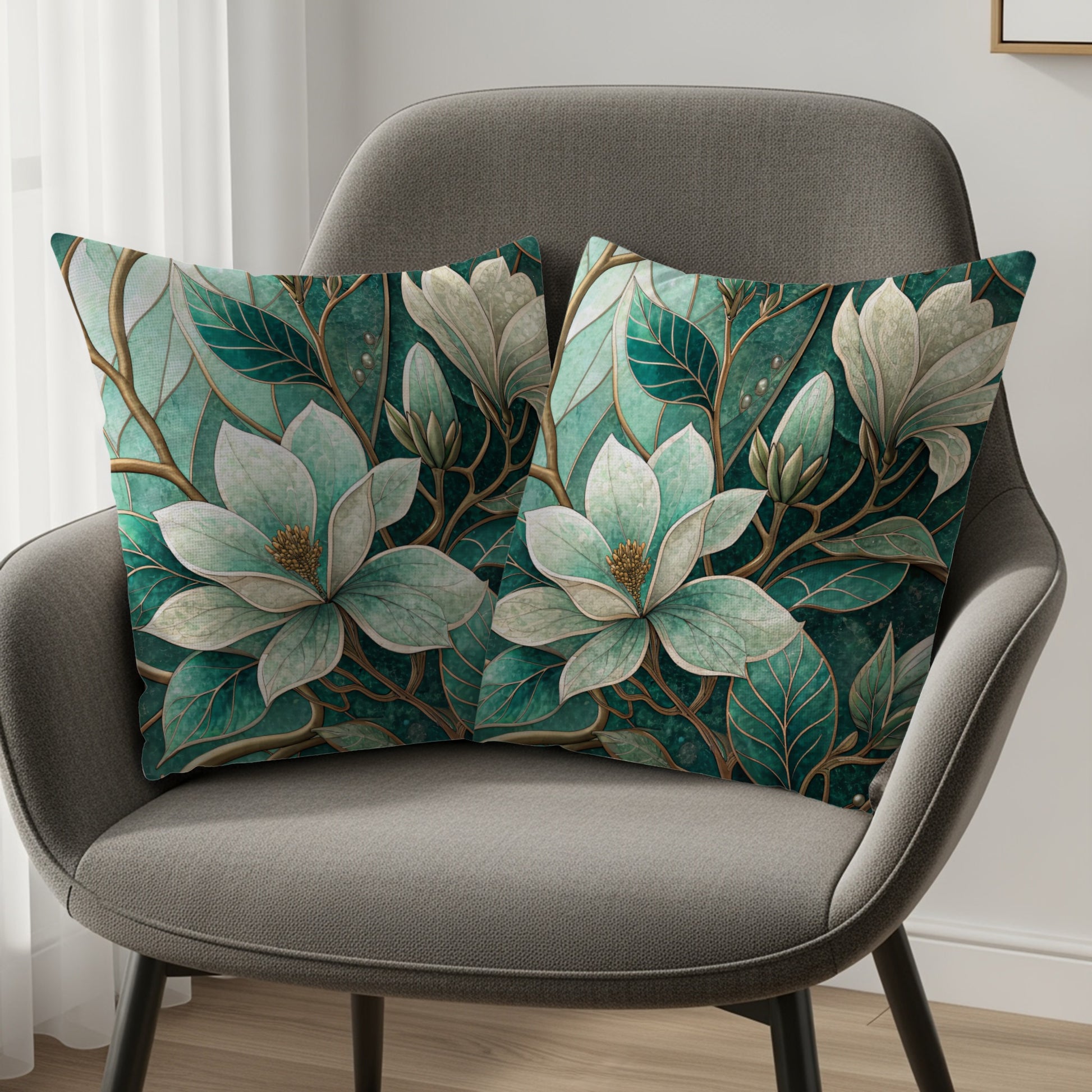 Emerald Magnolia Blossom and Vines Pattern Design Throw Pillows - Walk Greener