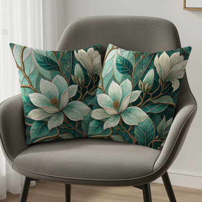 Emerald Magnolia Blossom and Vines Pattern Design Throw Pillows - Walk Greener